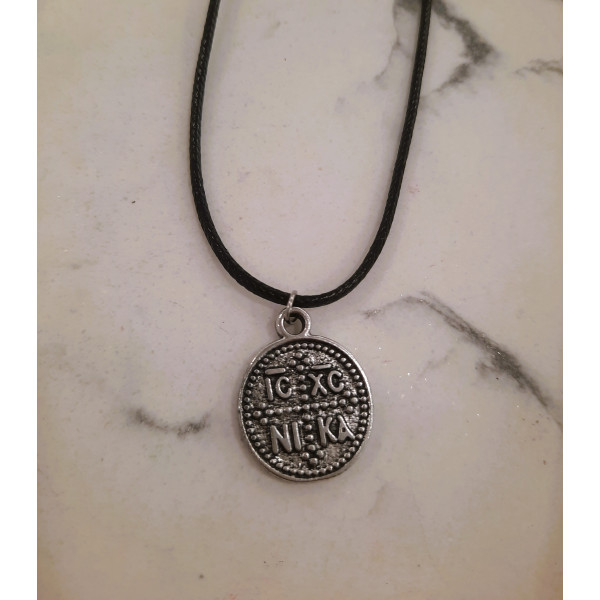 Amulet Pendant with Engraved IC XC NIKA Inscription on a Black Cord